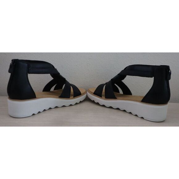 Collection x Clarks Wmn Sz 11 M Black Leather Jillian Bright Strappy Wedge Heels - Picture 8 of 12
